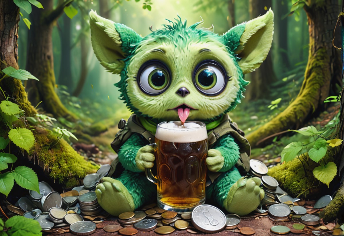 Small green and cute being (sleeve, stuffed animal, big eyes), sitting on a pile of coins drinking beer. Wooded and ombre ...
